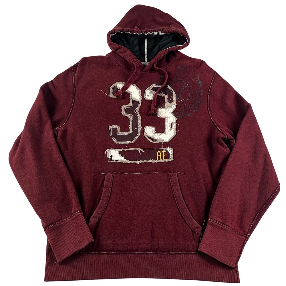 American Eagle Outfitters Mens Hoodie Large Fleece Burgundy Distressed Y2K - Picture 1 of 7